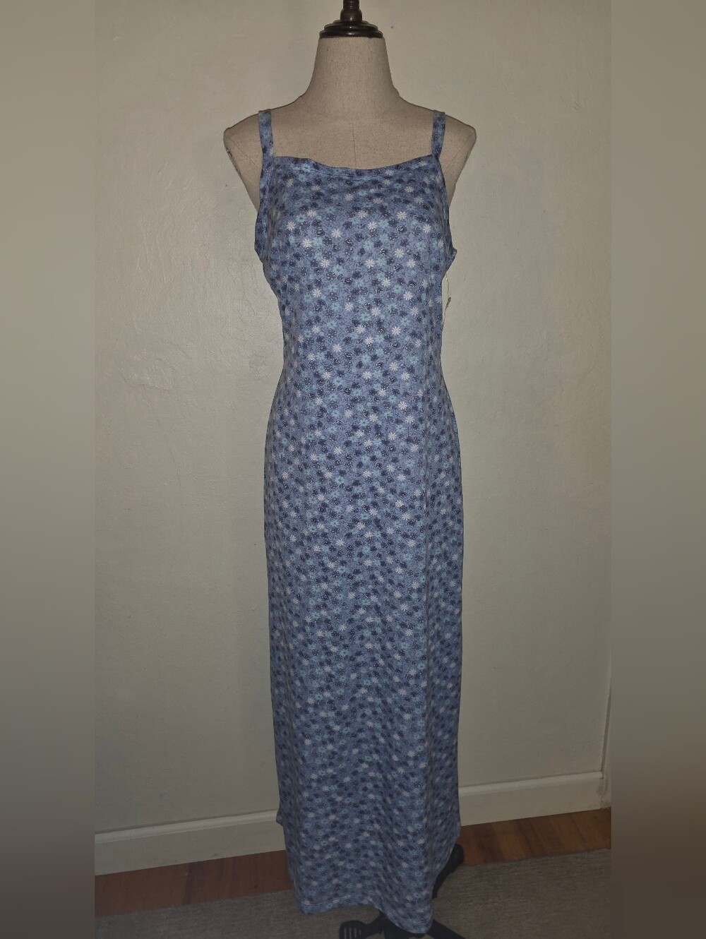 Vintage 1990s Baby Blue Floral Maxi Tank Dress NOS